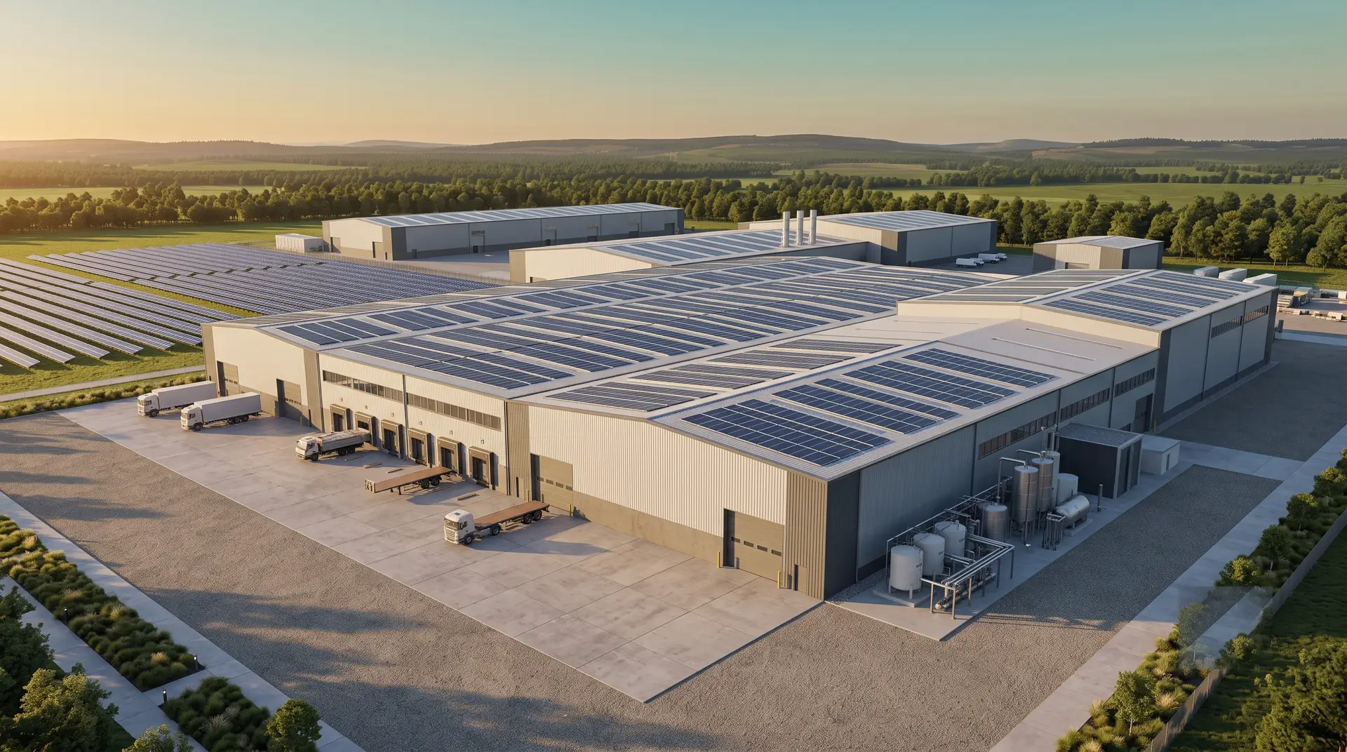 Large-scale rooftop solar across a cluster of industrial warehouses, with a ground-mounted array in the adjoining field