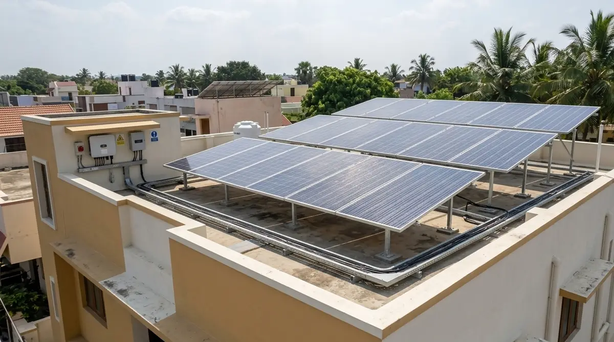 Rooftop solar array on a home, mounted clear of the parapet on galvanised frames, with the inverter and distribution boxes wall-mounted alongside
